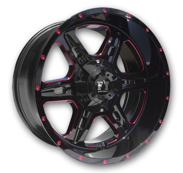 Full Throttle Wheels FT6054 20x10 Gloss Black Red Milled 8x165.1 -24mm 125.7mm