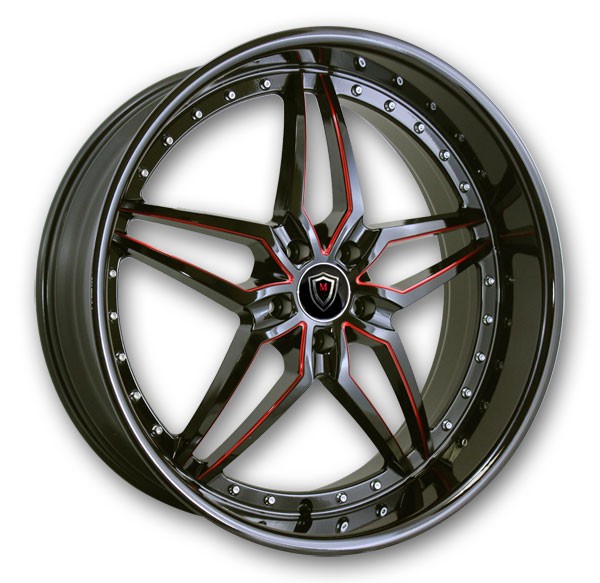 Marquee Wheels M5331 22x9 Gloss Black and Red Milled 5x120 +30mm 74.1mm