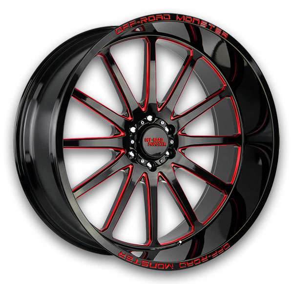 Off-Road Monster Wheels M26 26x12 Gloss Black Candy Red Milled 6x139.7 -44mm 106.4mm