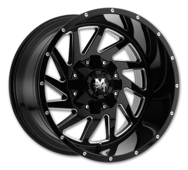 Off-Road Monster Wheels M12 24x14 Gloss Black Milled 6x139.7 -76mm 106.4mm
