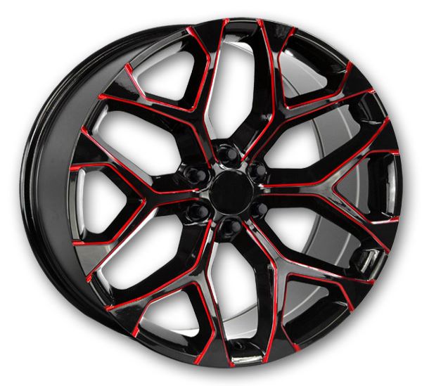 USA Replicas Wheels 781 Snowflakes 26x10 Gloss Black Red Milled 6x139.7 +31mm 78.1mm