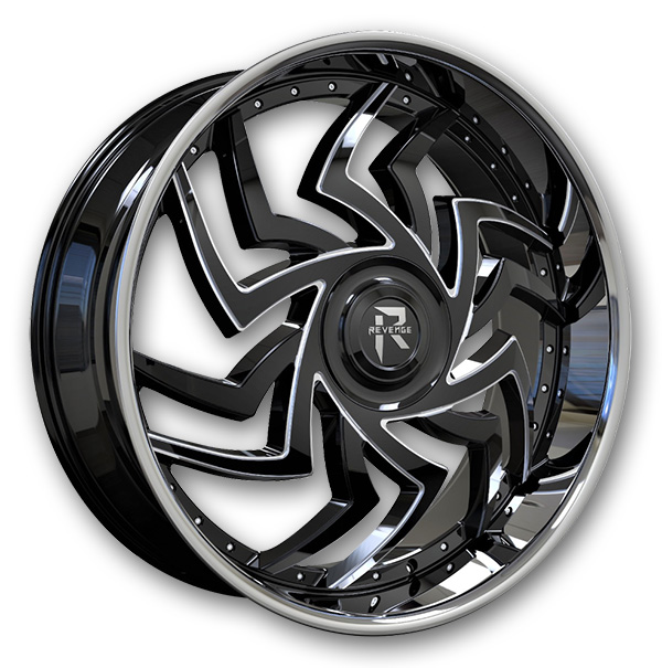 Revenge Luxury Wheels RL107 24x9 Black With Milled Windows-Chrome Stainless Steel Lip With Floater Cap 5x115/5x127 +15mm 78.1mm