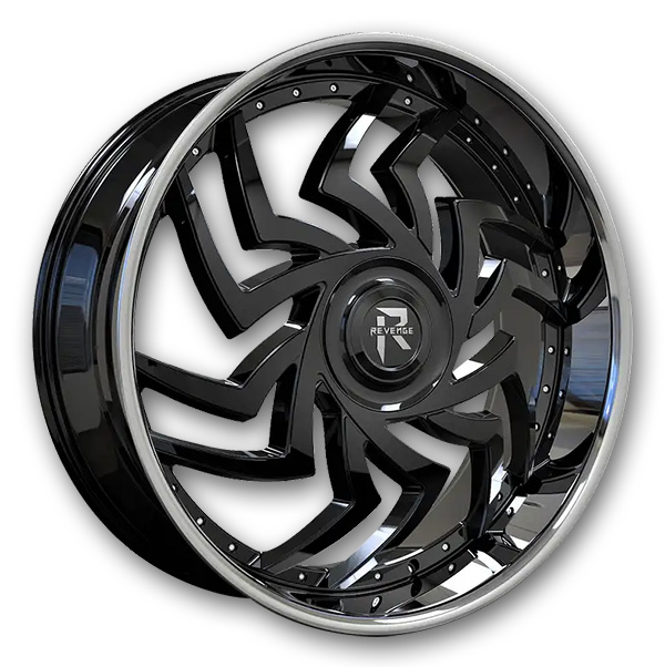 Revenge Luxury Wheels RL107 24x9 Gloss Black With Chrome Stainless Steel Lip With Floater Cap 6x135/6x139.7 +25mm 87.1mm