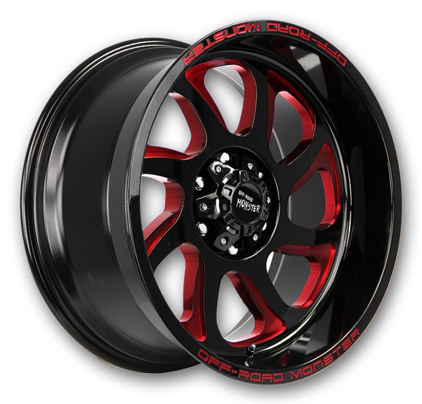 Off-Road Monster Wheels M07 22x12 Gloss Black Candy Red Milled 6x139.7 -44mm 106.4mm