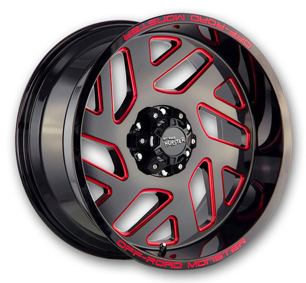 Off-Road Monster Wheels M19 20x10 Gloss Black Milled Edge and Red 6x139.7 -19mm 106.4mm