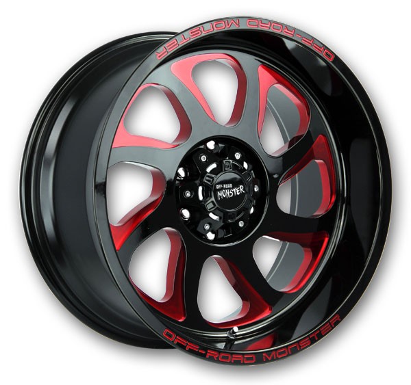 Off-Road Monster Wheels M22 22x12 Gloss Black Milled Edge and Red 6x139.7 -44mm 106.4mm