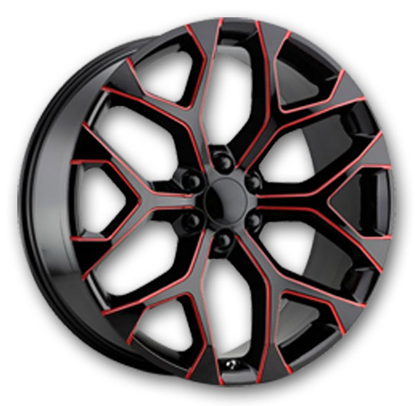 USA Replicas Wheels 781 Snowflakes 22x9 Gloss Black Red Milled 6x139.7 +25mm 78.1mm