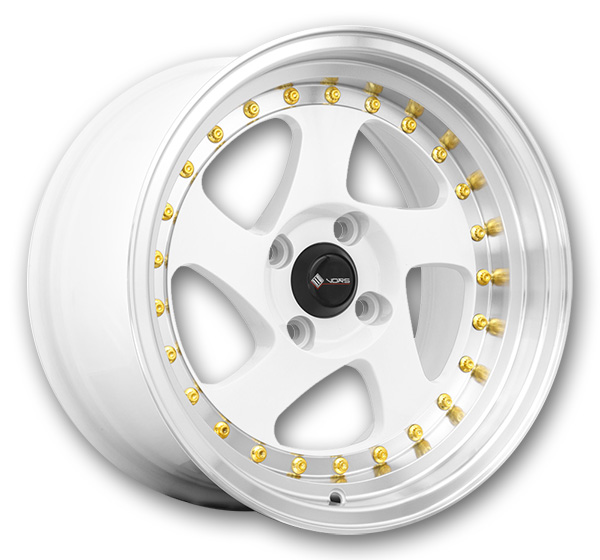 Vors Wheels VR2 15x8 White Machine Lip Gold Rivet 4x98 +20mm 73.1mm