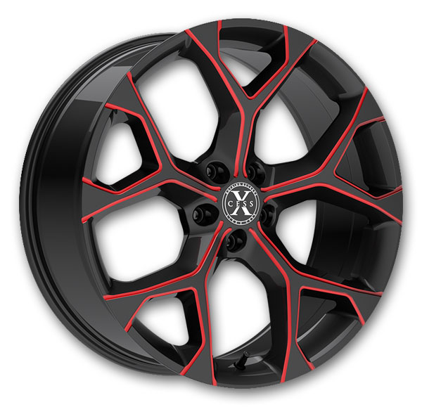 Xcess Wheels 5 Flake 22x9 Gloss Black Candy Red Milled 5x115 +15mm 74.1mm