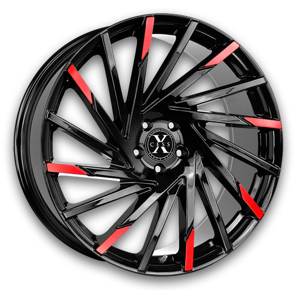 Xcess Wheels X02 24x9.5 Gloss Black Machined Red Tips 5x115 +15mm 74.1mm